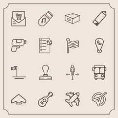 Modern, simple vector icon set with storage, direction, parachute, pencil, transportation, place, musical, receipt, baja, beach, bill, paper, ocean, instrument, stationery, sign, jump, flight icons