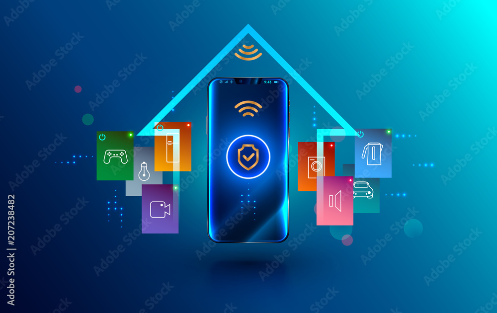 Aufkleber Smartphone connected with smart home via protected wireless connection. Shield symbol security of iot or internet of things on screen phone. House automation technology.