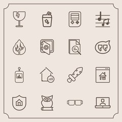 Modern, simple vector icon set with window, weapon, arrow, medieval, destruction, video, musical, blade, communication, house, internet, online, cocktail, price, shattered, glasses, sound, call icons