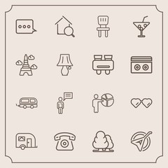 Modern, simple vector icon set with travel, mobile, landscape, traffic, tree, sunglasses, people, telephone, business, person, nature, real, sign, transport, summer, communication, string, folk icons
