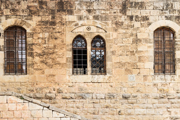 Four arabic style windos at at Emir Bachir Chahabi Palace Beit ed-Dine in mount Lebanon Middle east, Lebanon