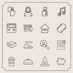 Modern, simple vector icon set with estate, girl, cup, contract, ladder, drink, domestic, real, internet, money, woman, flame, trip, ironing, bag, lady, computer, luggage, lighter, housework, up icons