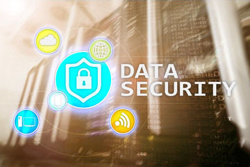 Data security, cyber crime prevention, Digital information protection. Lock icons and server room...
