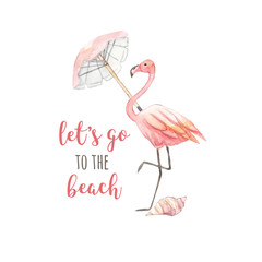 Watercolor summer logo. Flamingo, umbrella, shell and inscription Let's go to the beach. Watercolor illustration on white isolated background