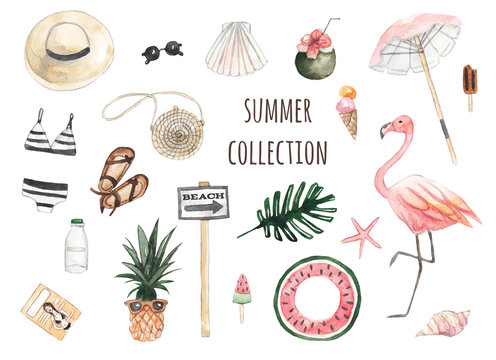 Summer beach set. Hat, sunglasses, ice cream, cocktail, flamingo, magazine, swimsuit, seashells, starfish. Watercolor illustration on white isolated background