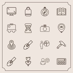 Modern, simple vector icon set with equipment, button, point, screen, construction, digital, nature, blossom, object, cycle, luggage, fashion, travel, center, profile, airport, shovel, paper icons
