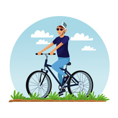 Naklejka premium Young man riding bike at park vector illustration graphic design