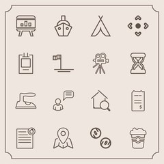 Modern, simple vector icon set with vessel, cafe, home, infographic, location, communication, domestic, map, tent, search, chart, web, bill, online, camp, real, estate, pin, cup, sea, clothes icons