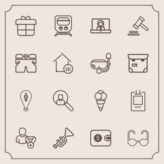 Modern, simple vector icon set with gift, computer, decoration, account, communication, call, map, transport, pin, video, internet, food, technology, cash, sun, finance, train, musical, fashion icons