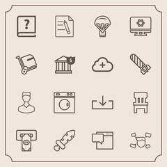 Modern, simple vector icon set with cash, speech, file, parachute, clean, profile, jump, document, equipment, human, bank, comfortable, office, download, business, atm, book, sword, old, bubble icons