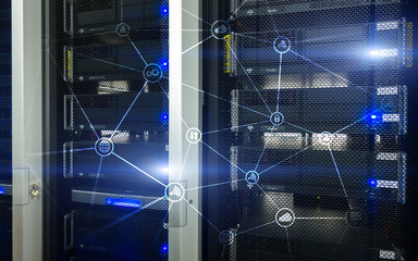Telecommunication concept with abstract network structure and server room background.?