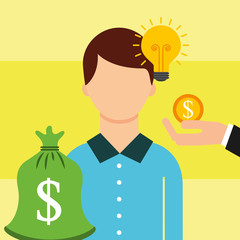 man bag money coin in hand idea saving money vector illustration