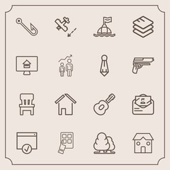 Modern, simple vector icon set with page, business, landscape, travel, device, envelope, musical, estate, comfortable, fish, music, forest, rod, construction, tree, modern, mobile, data, mail icons