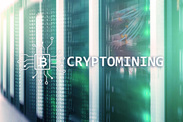 Cryptocurrency mining concept on server room background.?