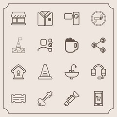Modern, simple vector icon set with coupon, home, vintage, shirt, faucet, birdhouse, video, business, house, technology, microphone, concept, tshirt, support, call, app, ladder, mobile, bird, up icons