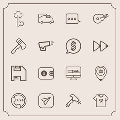 Modern, simple vector icon set with music, message, tshirt, diskette, white, construction, key, transportation, purse, help, sign, vintage, internet, traffic, tool, guitar, equipment, transport icons