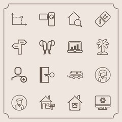 Modern, simple vector icon set with play, setting, search, house, geometry, girl, transport, domino, rent, architecture, estate, game, retro, online, exit, transportation, face, user, travel icons