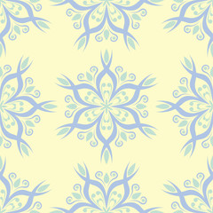 Floral seamless background. Blue and green flower pattern on beige backdrop