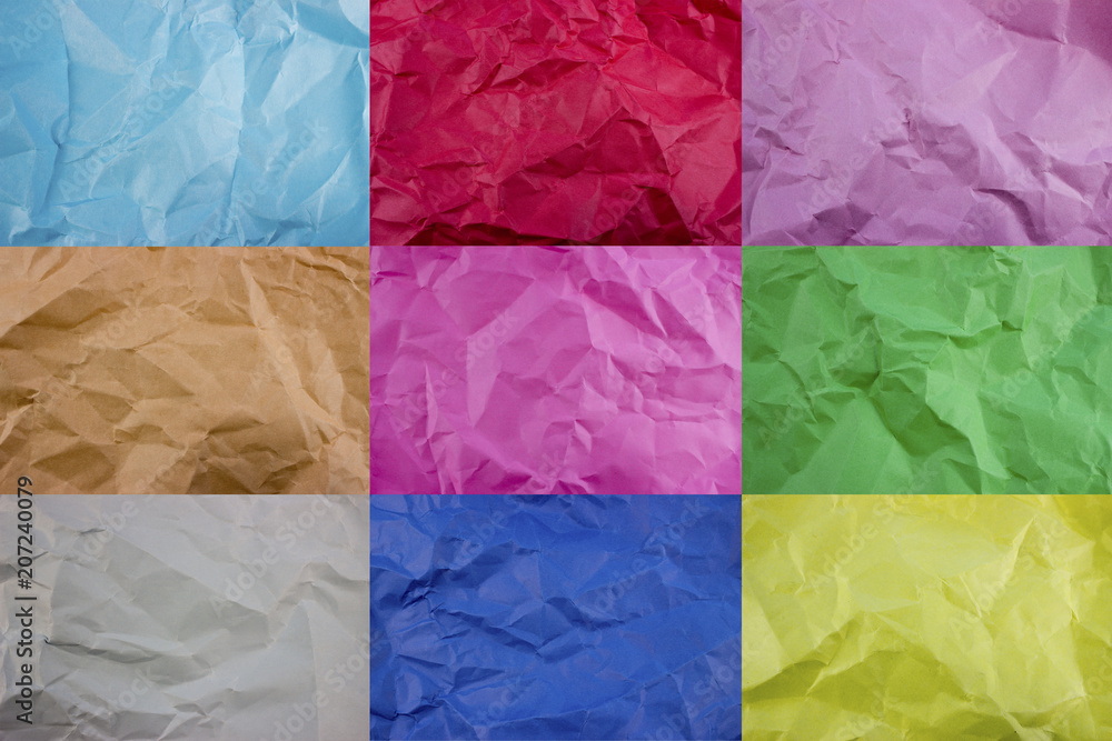 Poster set of 9 crumpled torn color papers. template for banners. empty space for text and design