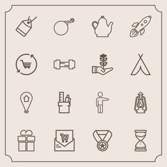 Modern, simple vector icon set with list, box, sand, equipment, travel, weapon, paper, hour, stationery, hourglass, receipt, success, win, lantern, gift, prize, bill, location, showing, clock icons