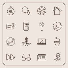 Modern, simple vector icon set with east, tobacco, communication, life, music, direction, addiction, north, search, eyeglasses, toilet, wc, player, technology, internet, magnifying, document, id icons