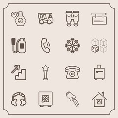 Modern, simple vector icon set with building, optical, bottle, technology, down, home, tipper, space, mobile, sound, luggage, craft, music, house, success, downstairs, trip, architecture, pump icons