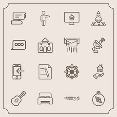 Fototapeta premium Modern, simple vector icon set with north, technology, house, furniture, bedroom, phone, transfer, hand, camera, compass, property, video, home, pointing, helm, people, south, white, internet icons