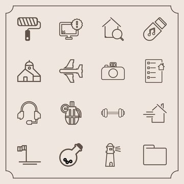 Modern, simple vector icon set with home, light, roller, war, beach, sport, brush, fitness, grenade, exercise, hand, desktop, office, monitor, rent, property, online, file, search, gym, military icons