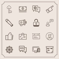 Fototapeta premium Modern, simple vector icon set with sos, card, money, safety, boy, coin, personal, help, man, wheel, danger, id, mobile, emergency, banner, helm, poster, internet, male, billboard, cash, person icons