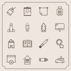 Modern, simple vector icon set with gun, house, hand, pencil, book, office, label, store, photo, stick, luggage, click, education, message, customer, truck, food, bullet, page, supermarket, sign icons