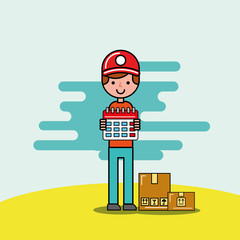 courier boy holding calendar and cardobard boxes logistic and delivery vector illustration
