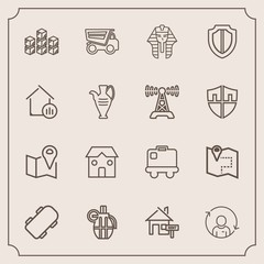 Modern, simple vector icon set with pharaoh, skate, home, distribution, construction, quality, profile, ancient, truck, road, weapon, house, travel, military, skater, bag, industrial, property icons