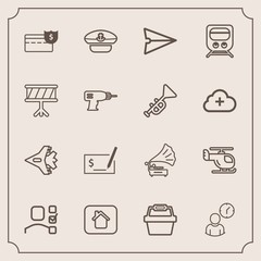 Modern, simple vector icon set with task, office, basket, hat, house, captain, record, retro, helicopter, sky, gramophone, hour, pay, jet, vintage, airplane, email, aircraft, communication, air icons