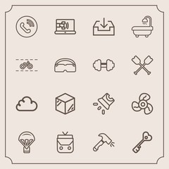 Modern, simple vector icon set with fashion, product, fan, style, parachute, extreme, house, interior, internet, phone, template, packaging, parachuting, bathroom, business, key, cloud, electric icons