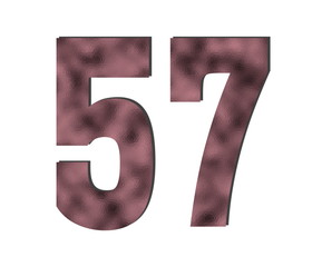 57 Number. Rose gold color. Shiny glass texture. Discount and sales theme. White isolated