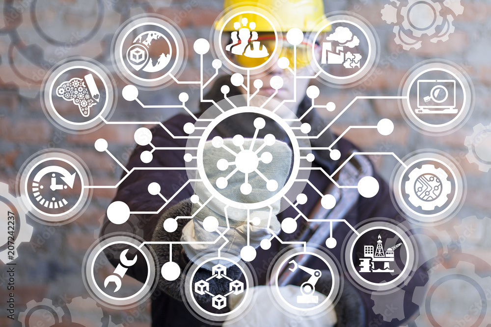 Poster hub network connection industry 4.0. industrial engineer clicks a atom structure icon surrounded by 