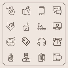 Modern, simple vector icon set with account, chat, real, tv, sound, metal, road, house, technology, web, touchscreen, headphone, label, video, website, bottle, call, tag, audio, lantern, profile icons