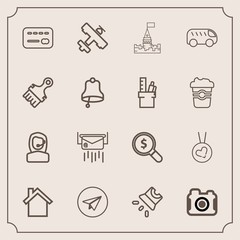 Modern, simple vector icon set with business, airplane, technology, telephone, camera, internet, credit, tower, architecture, video, mobile, web, projector, necklace, search, center, post, money icons