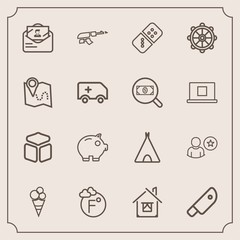 Fototapeta premium Modern, simple vector icon set with adventure, post, money, cut, domino, knife, online, fahrenheit, envelope, travel, game, cream, machine, gun, economy, military, meat, row, weapon, camp, bank icons