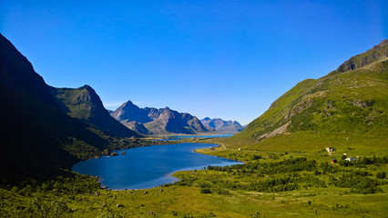 Naklejka premium Panoramic view to Storvatnet and Litlvatnet lakes at Flakstadoya Island, Lofoten, Norway