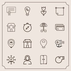 Modern, simple vector icon set with cabinet, sign, sport, girl, hair, communication, success, phone, nature, work, job, electric, home, whistle, building, interior, display, estate, mobile, note icons