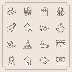 Modern, simple vector icon set with space, estate, night, ship, social, radius, friction, status, fashion, person, architecture, profile, professional, building, online, shorts, template, sky,  icons