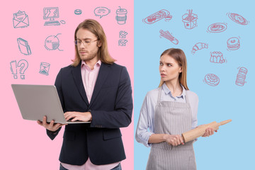 Offended wife. Calm young businessman standing with a laptop and paying no attention to his...