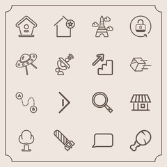 Modern, simple vector icon set with map, fast, chicken, estate, arrow, security, button, snack, explosion, house, travel, power, apartment, sign, point, search, fire, favorite, forest, meal icons