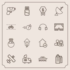 Modern, simple vector icon set with estate, aircraft, equipment, people, communication, gun, worker, van, satellite, plane, first, cable, usb, tool, airplane, pistol, computer, sea, house, water icons