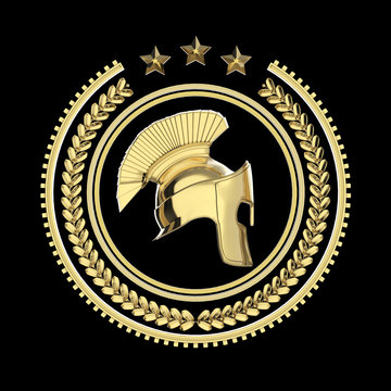 High detailed spartan, roman, greek helmet in laurel wreath badge with rings and stars. sports military fighting  icon, rendering isolated on black background.