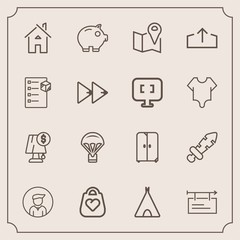 Modern, simple vector icon set with location, estate, camp, map, parachute, parachuting, man, finance, object, style, blade, blank, knight, jump, home, extreme, house, interior, economy, leather icons