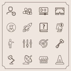 Modern, simple vector icon set with player, door, fashion, instrument, step, button, satellite, video, concept, shop, delete, electricity, sign, web, security, team, equality, lamp, showing, key icons
