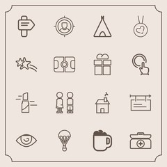Modern, simple vector icon set with drink, sky, makeup, parachuting, sign, home, business, standing, people, cafe, mug, lipstick, target, happy, extreme, arrow, house, marketing, box, direction icons