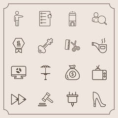 Modern, simple vector icon set with house, fashion, contract, electricity, money, television, travel, plug, hotel, legal, rewind, bar, estate, tv, financial, screen, power, shoe, banking, female icons